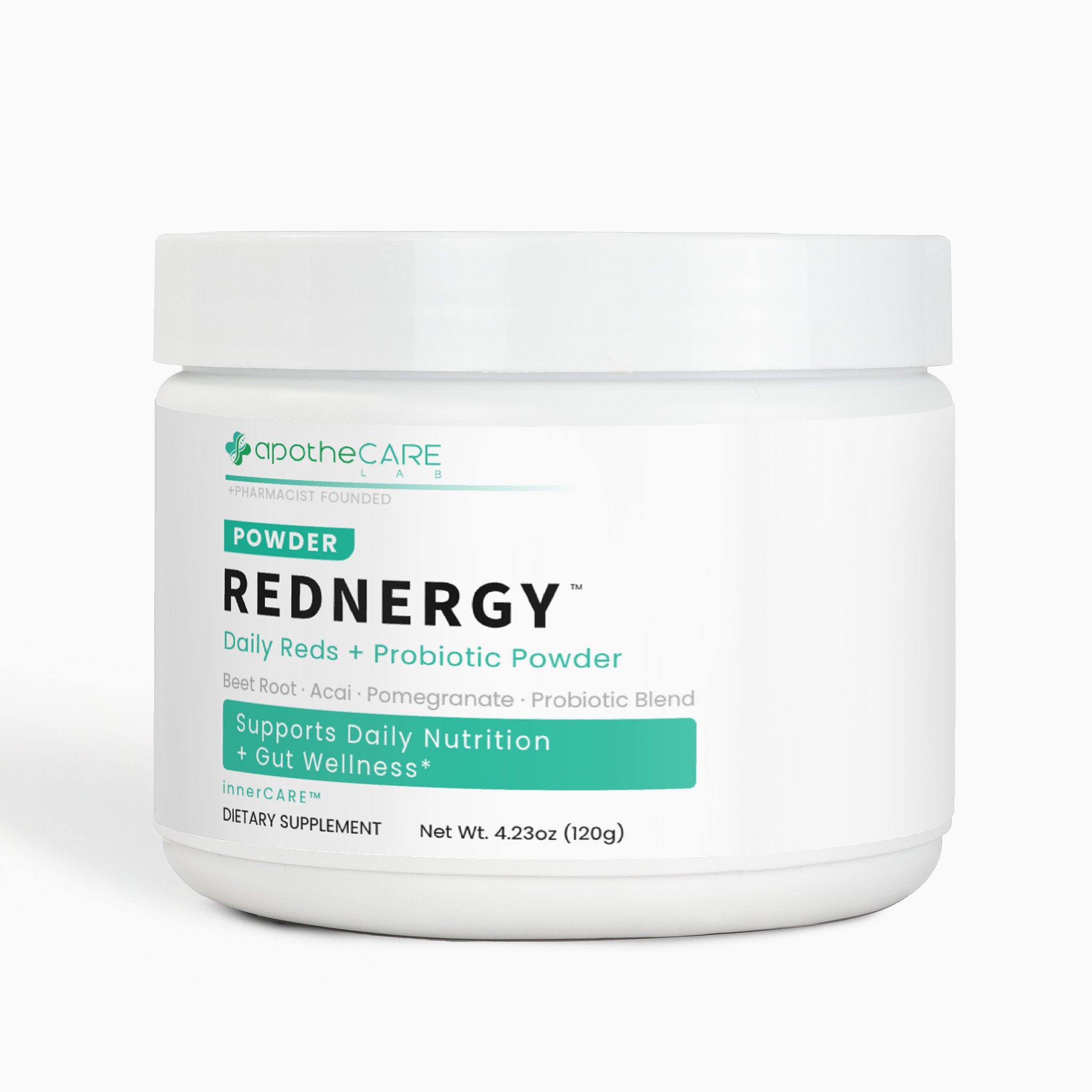 White container of Rednergy powder with apotheCARE branding on a white background