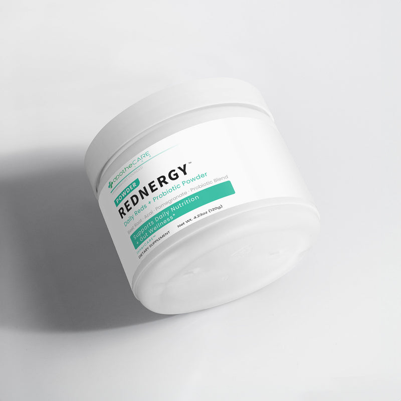 Jar of Rednergy powder on a light gray background
