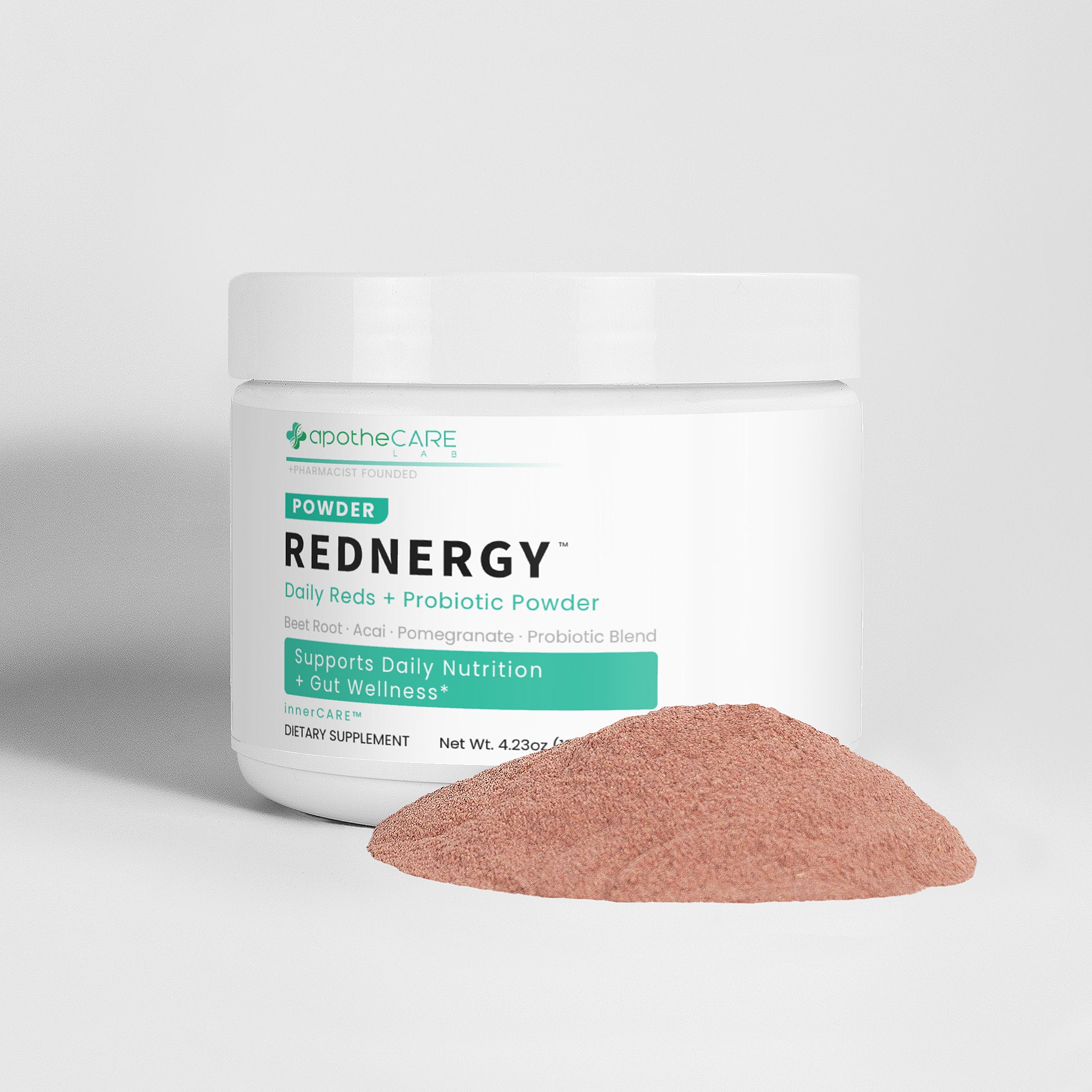 A container of Rednergy powder with a white background