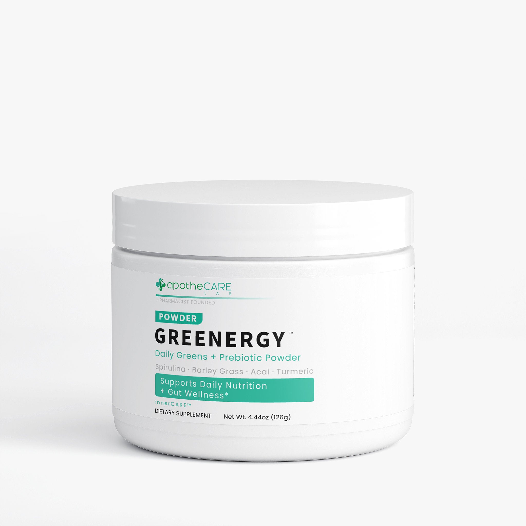 Container of apotheCARE Greenergy powder on a white background