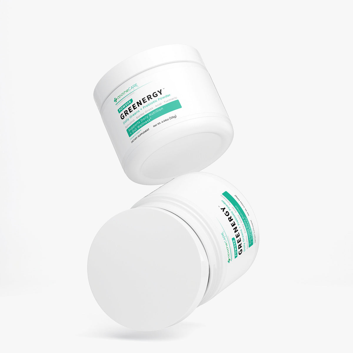 Two containers of Greenergy supplement powder on a white background