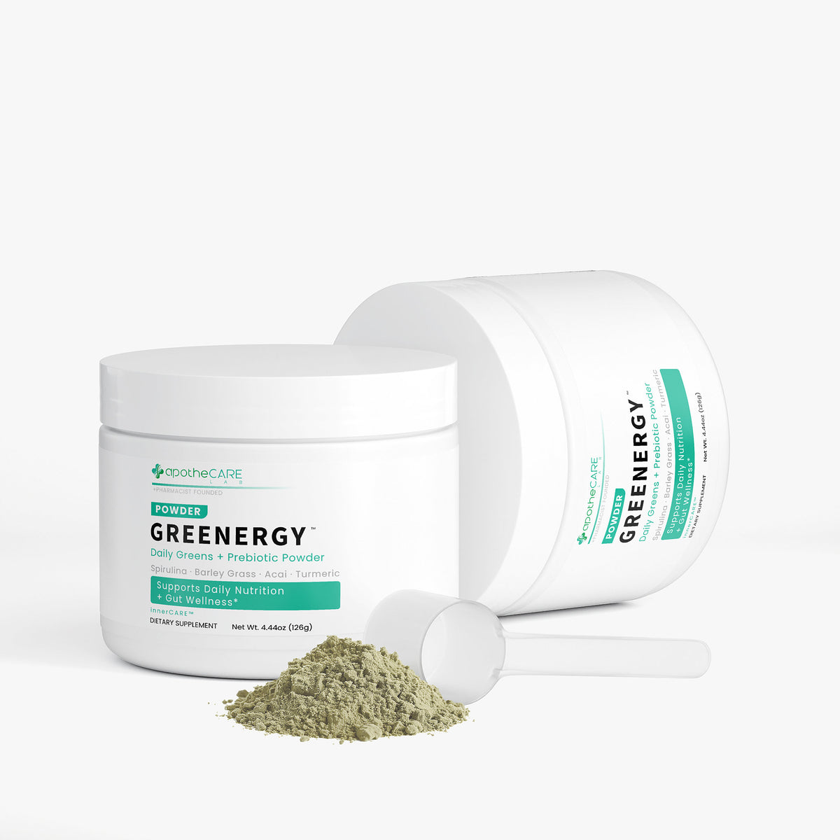Greenergy powder container with scoop and powder on a white background