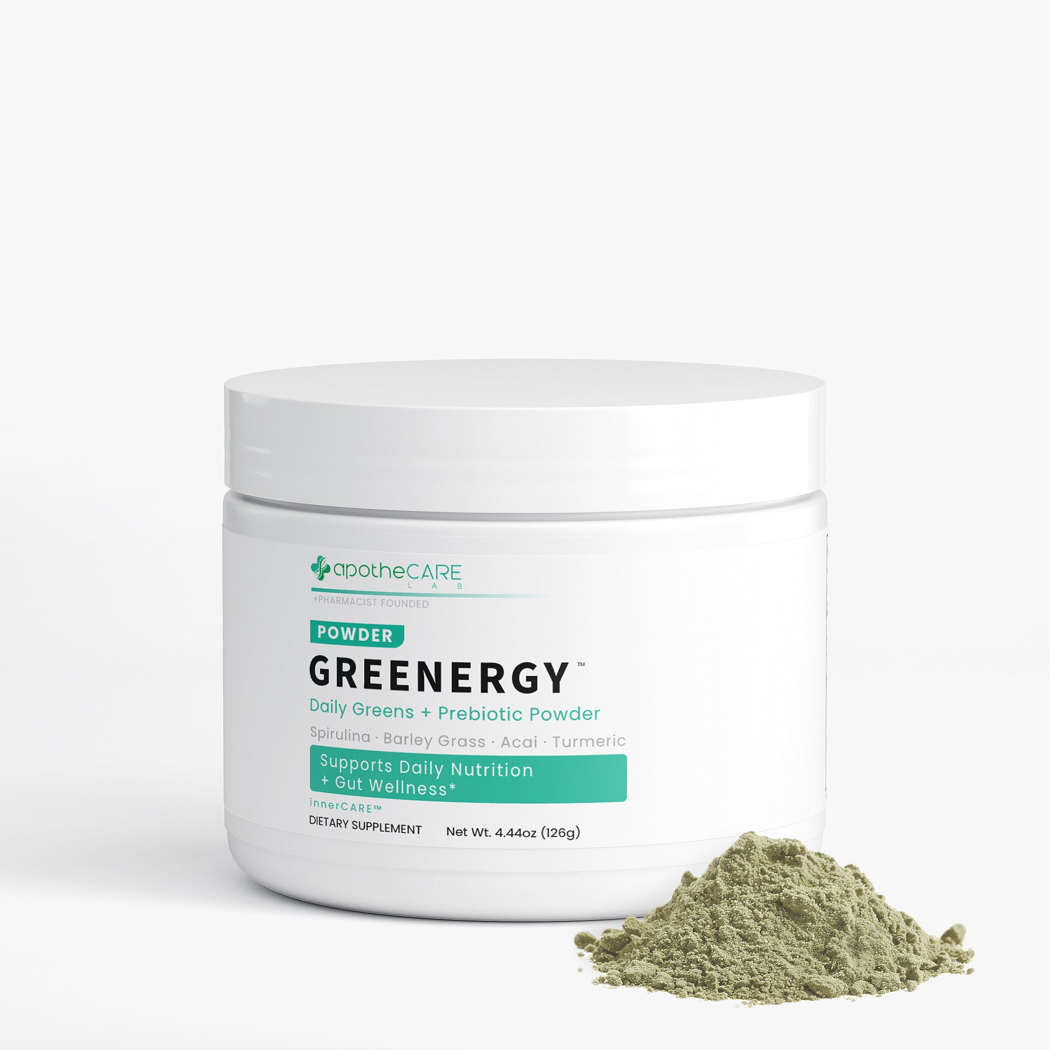 Container of apotheCARE Greenergy powder with green powder on a white background