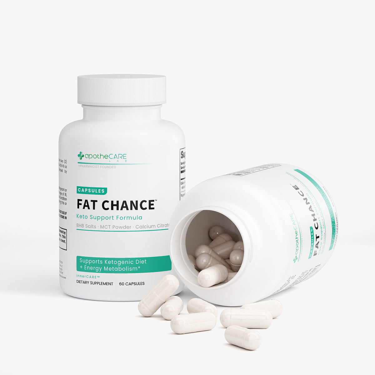 Supplement bottle labeled 'Fat Chance' with pills on a white background