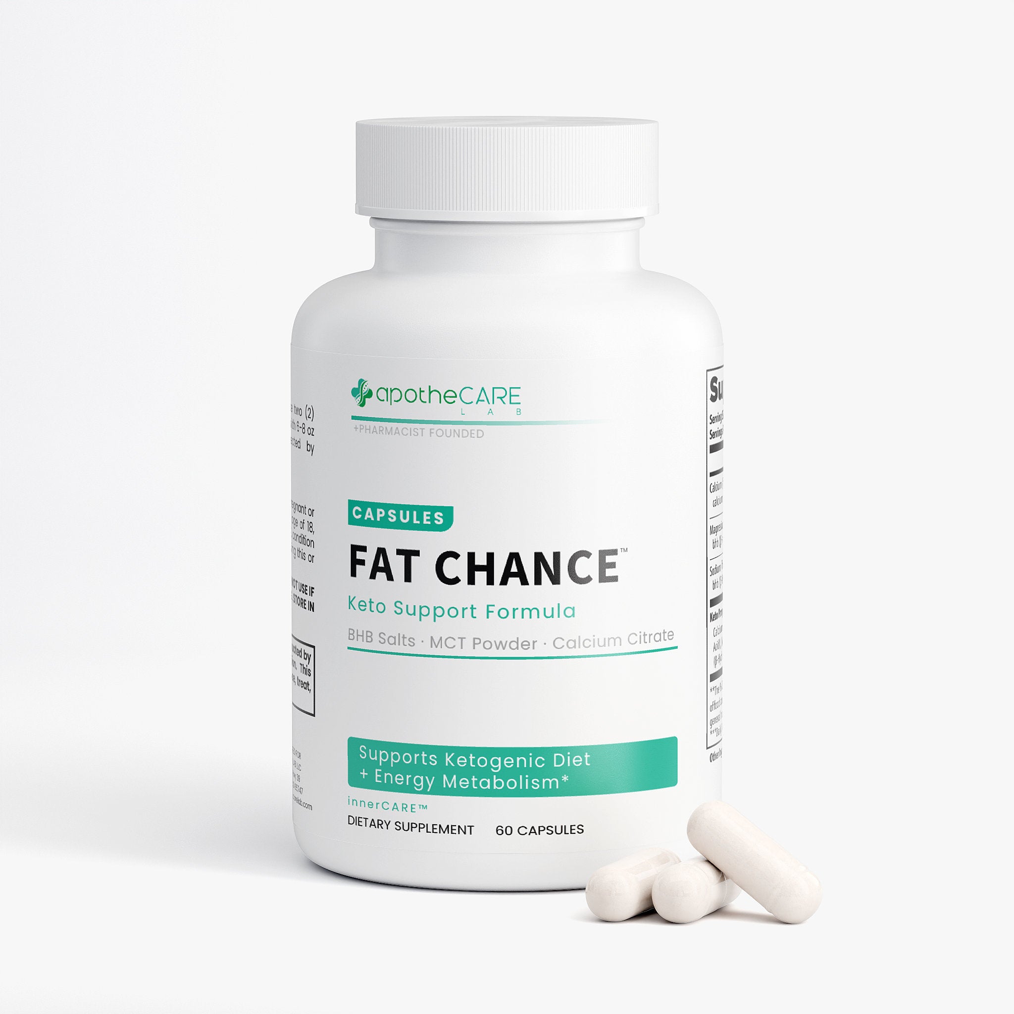 Supplement bottle labeled 'Fat Chance' by Apothecare on a white background