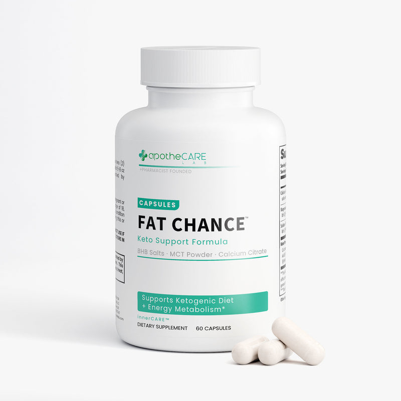 Supplement bottle labeled 'Fat Chance' by Apothecare on a white background
