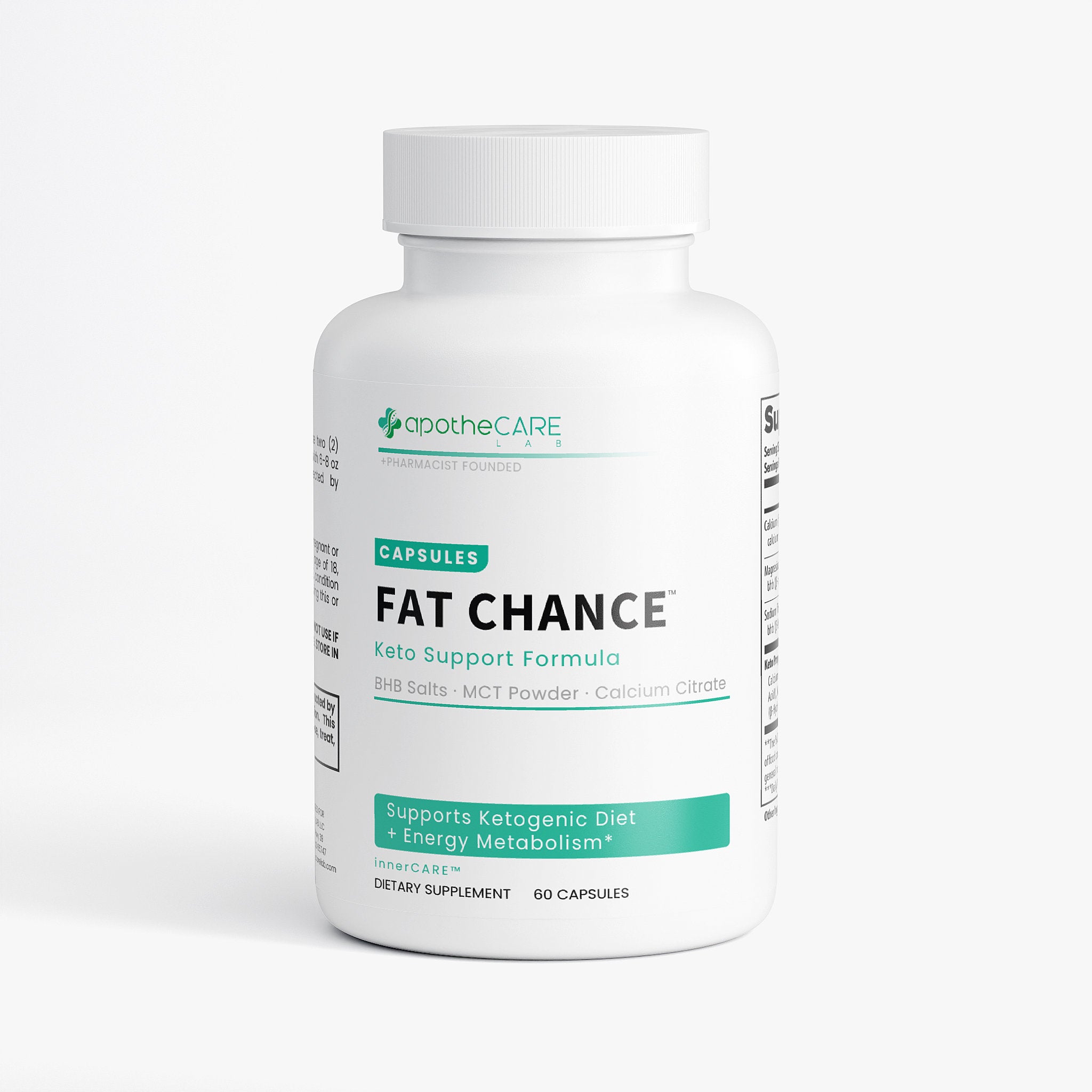 Supplement bottle labeled 'Fat Chance' by Apothecare on a white background