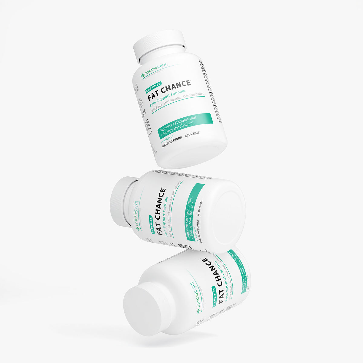 Three bottles of 'Fat Chance' supplement on a white background