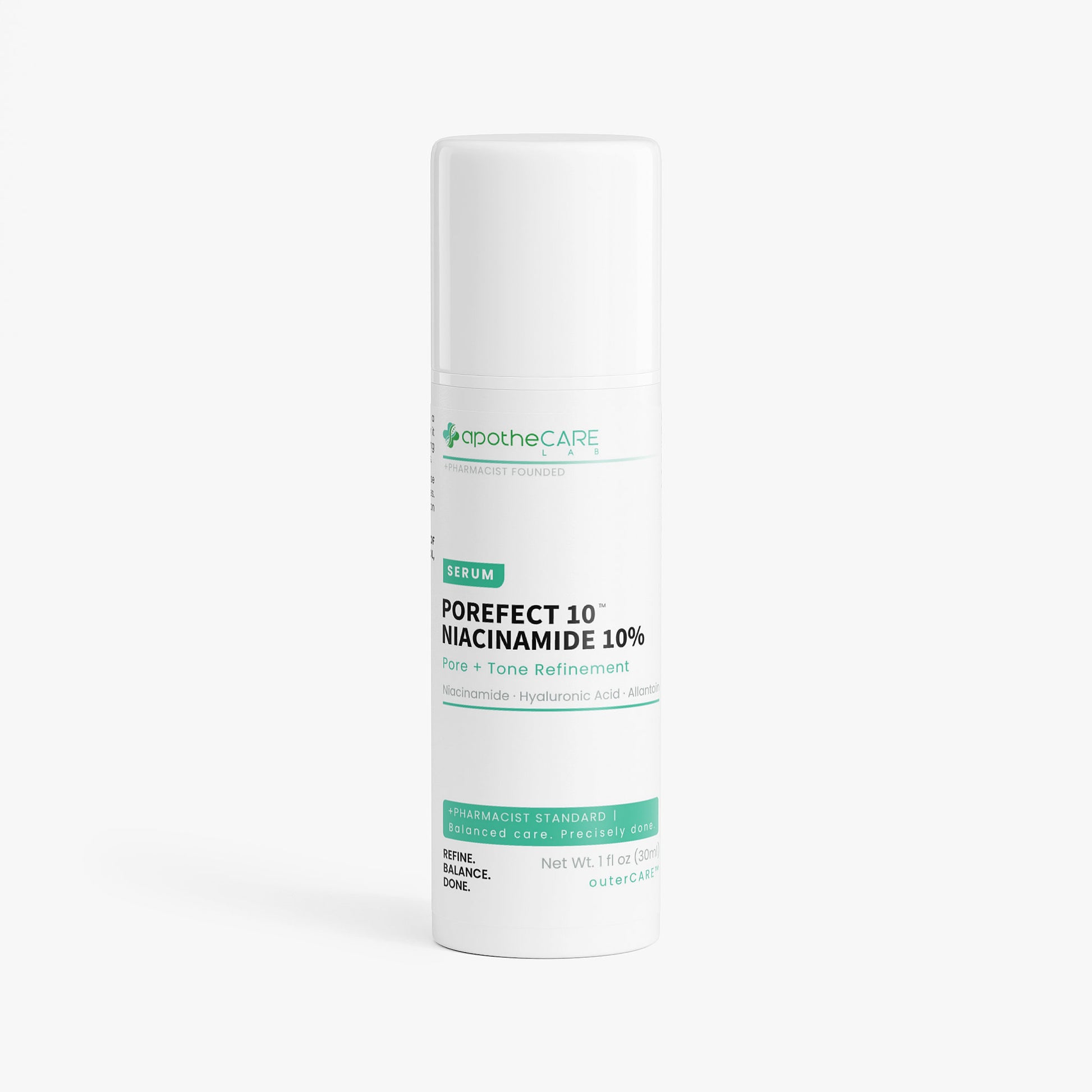 Skincare bottle labeled 'Porefect 10 Niacinamide 10%' by ApotheCARE on a white background