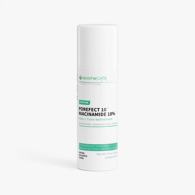 Skincare bottle labeled 'Porefect 10 Niacinamide 10%' by ApotheCARE on a white background
