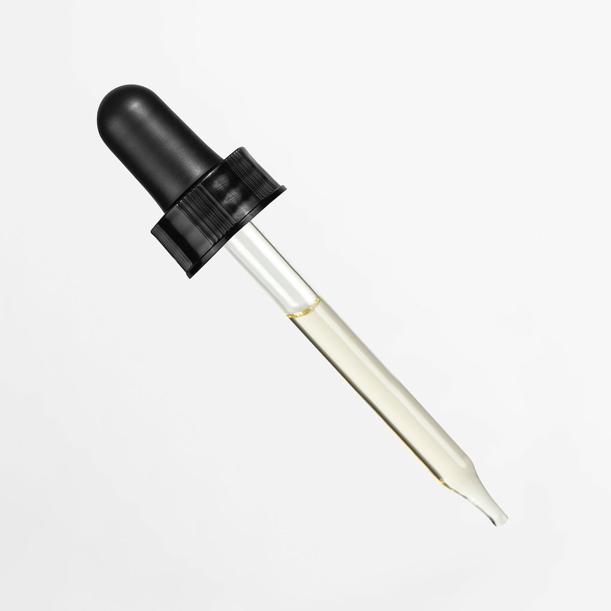 Black dropper with clear liquid on a white background