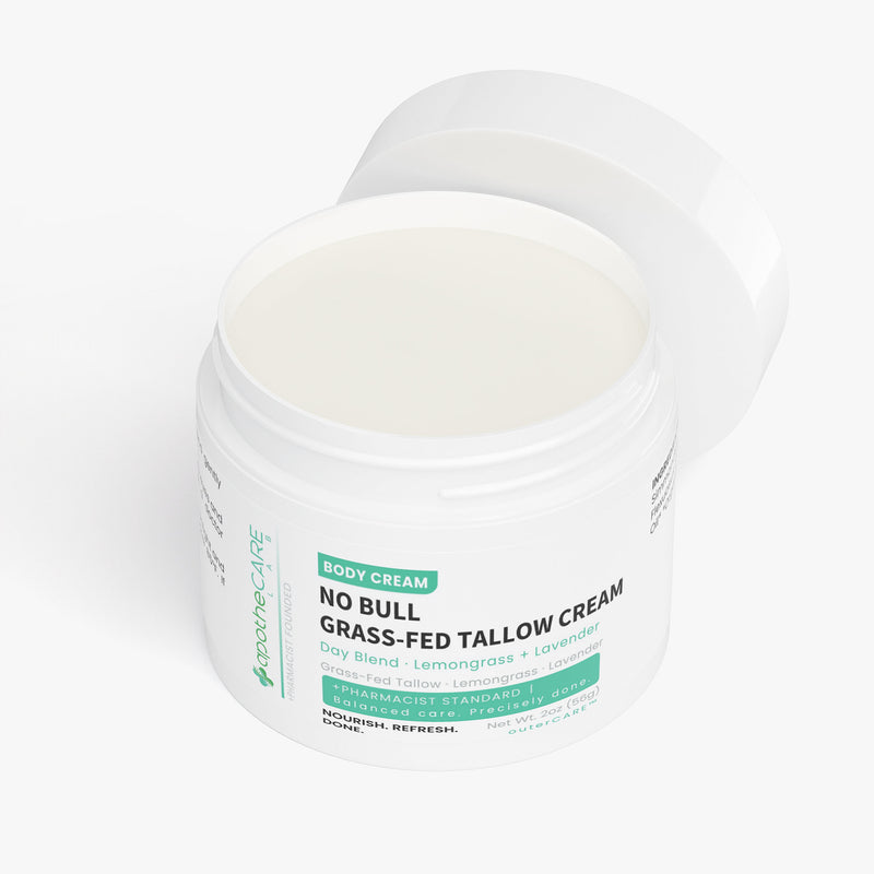 Body cream jar labeled 'No Bull Grass-Fed Tallow Cream' on a white background