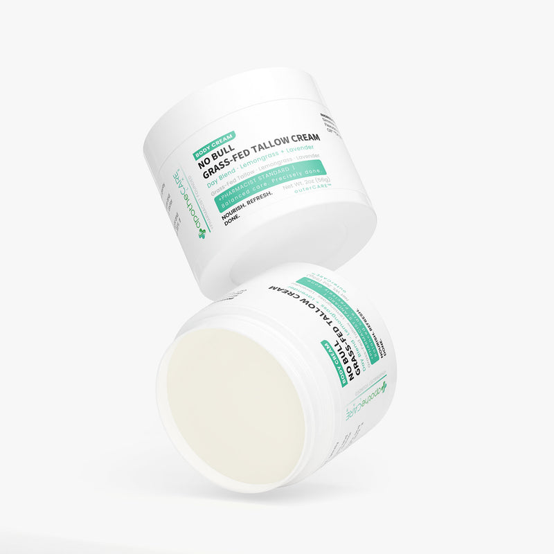 Two containers of 'No Bull Grass-Fed Tallow Cream' on a white background