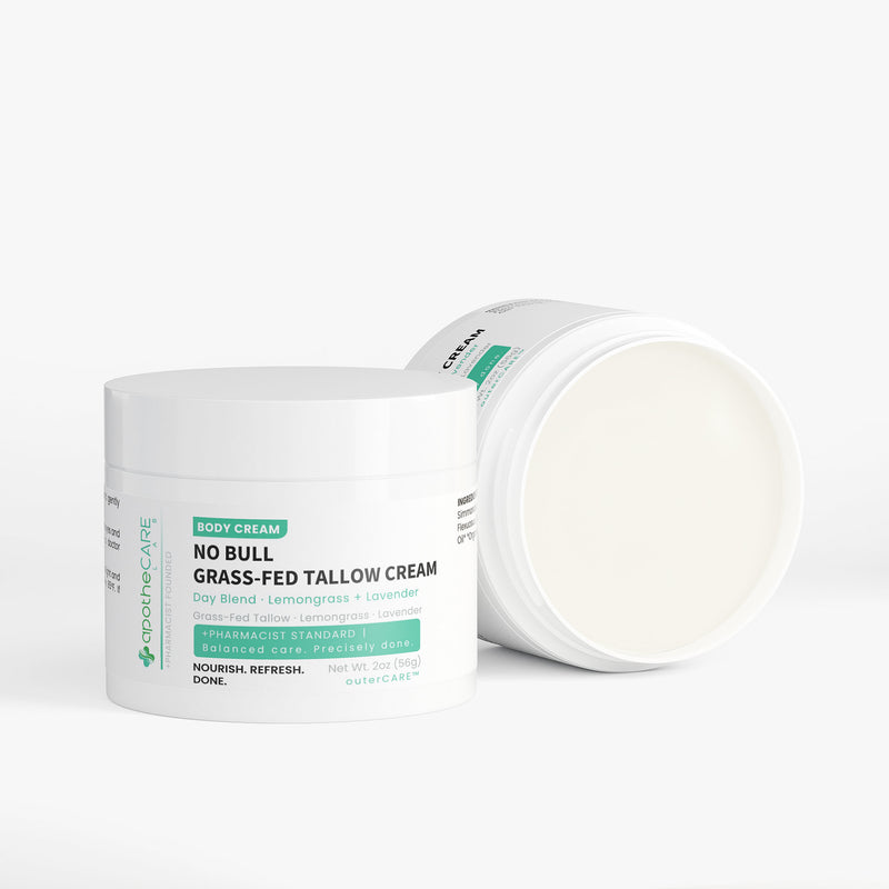 Two jars of 'No Bull Grass-Fed Tallow Cream' on a white background