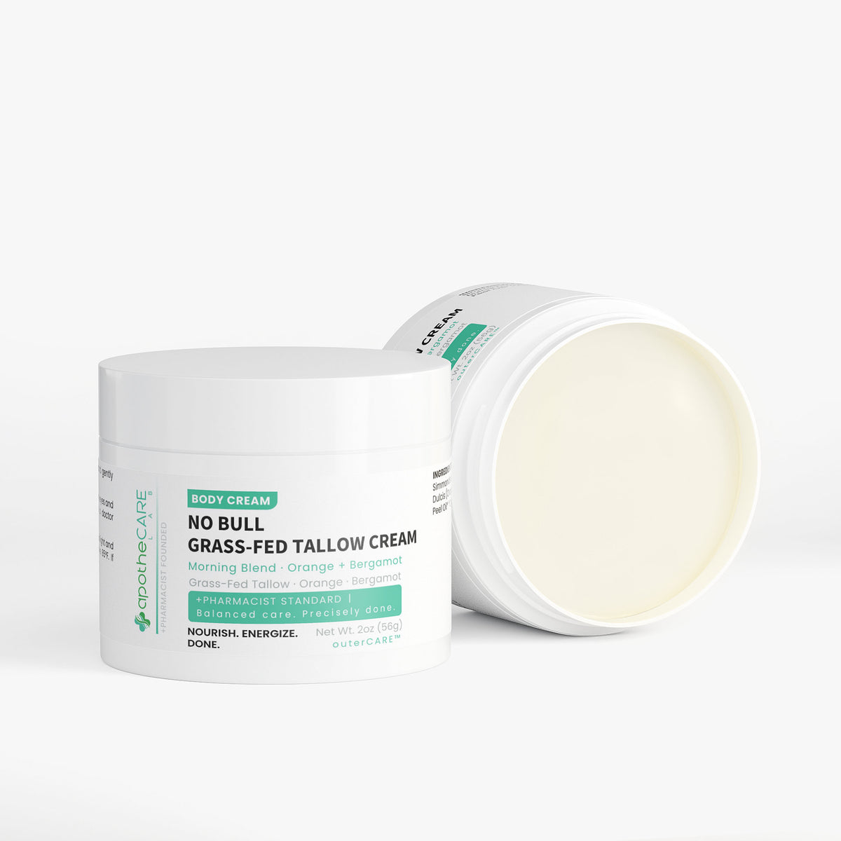 Two jars of 'No Bull Grass-Fed Tallow Cream' on a white background