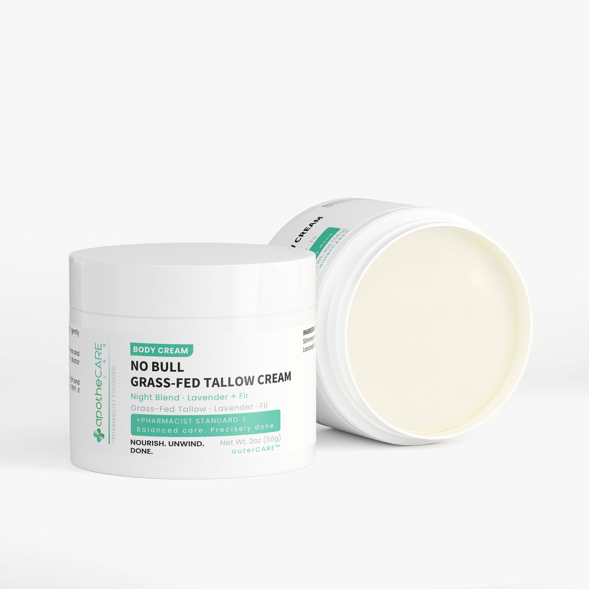 Two jars of 'No Bull Grass-Fed Tallow Cream' on a white background