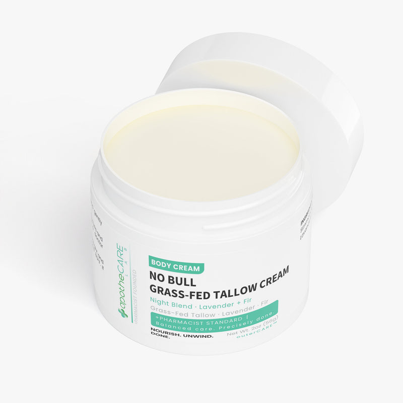 Jar of 'No Bull Grass-Fed Tallow Cream' on a white background