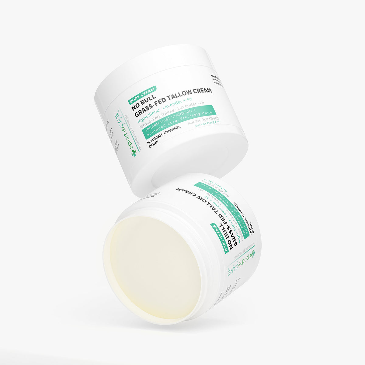 Two containers of 'No Bull Grass-Fed Tallow Cream' on a white background