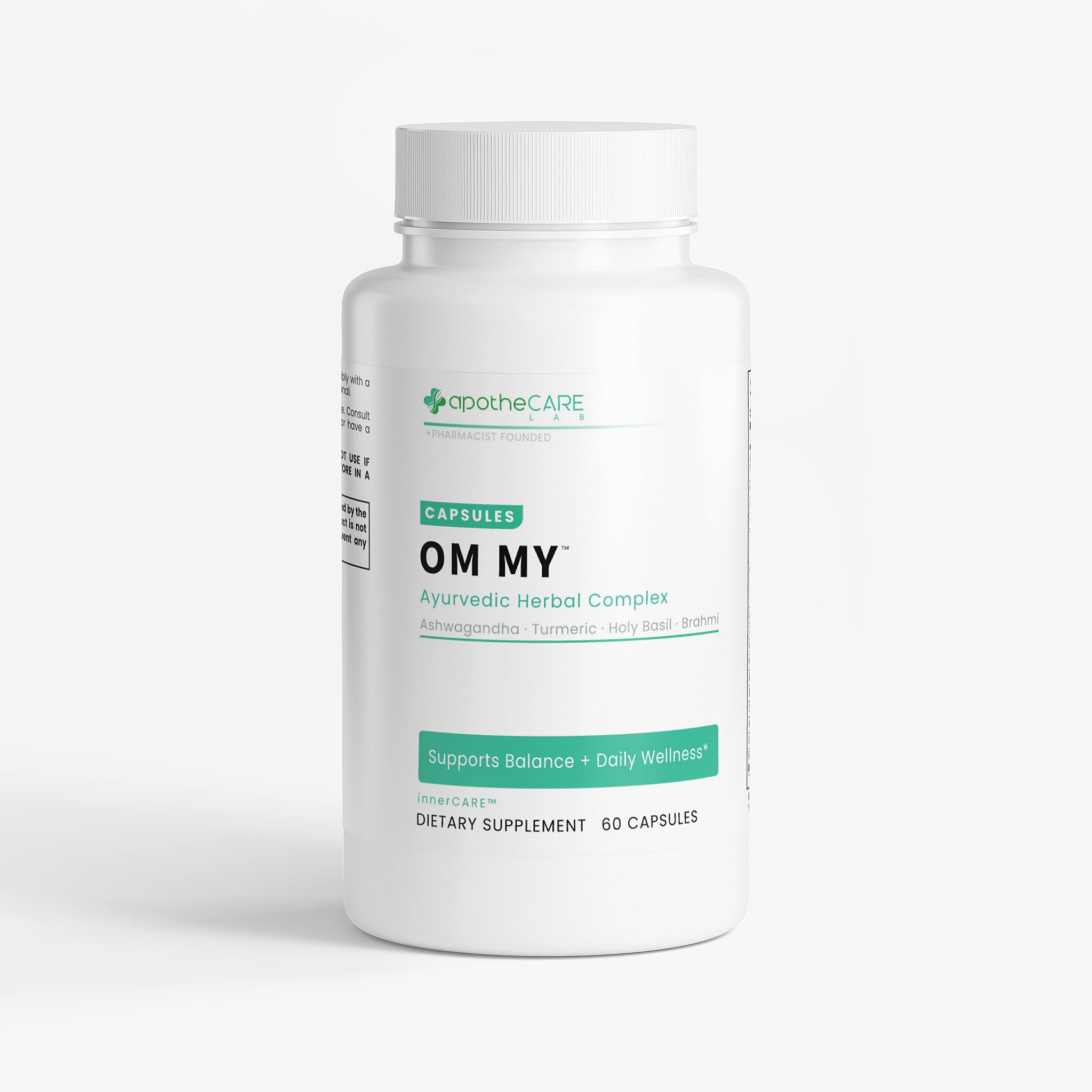 Supplement bottle labeled 'OM MY' by apothecare on a white background