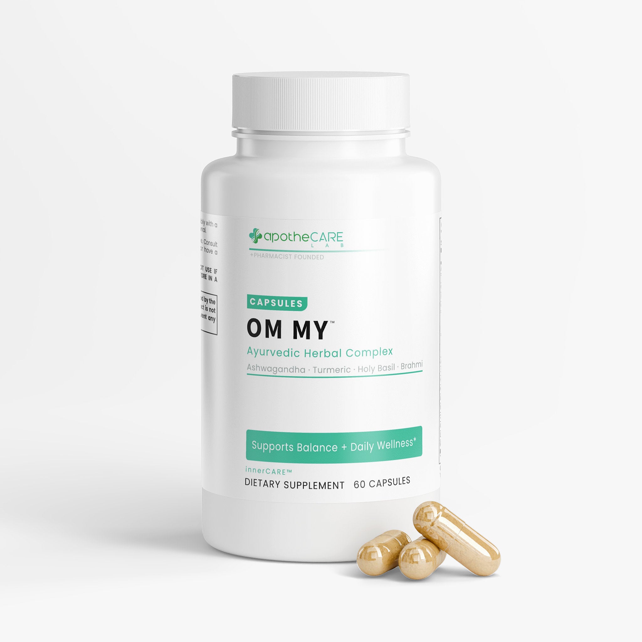 A bottle of 'OM MY' dietary supplement with capsules on a white background