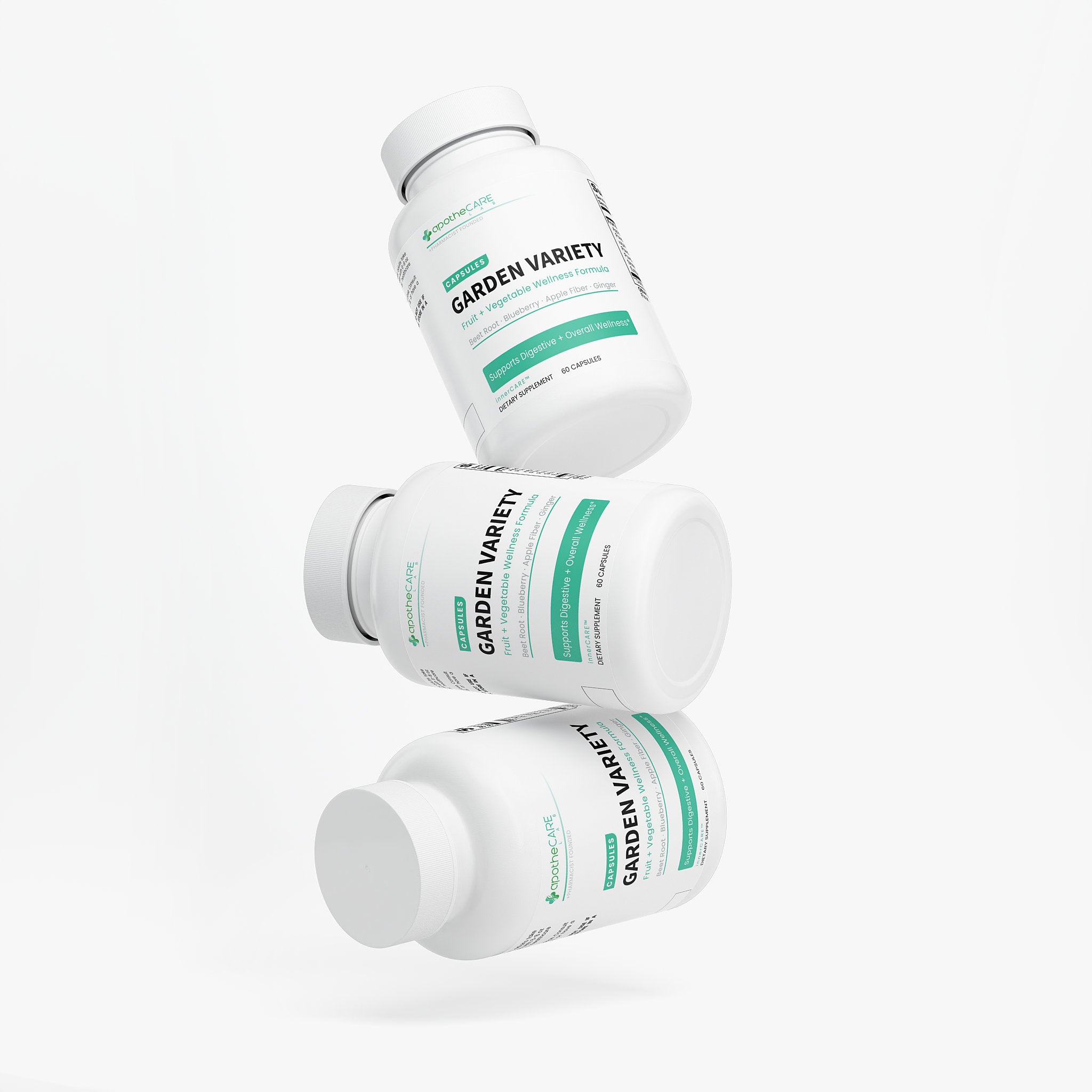 Three Garden Variety supplement bottles stacked on a white background