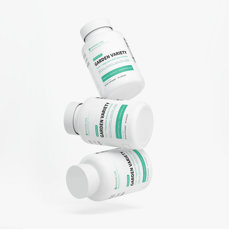Three Garden Variety supplement bottles stacked on a white background