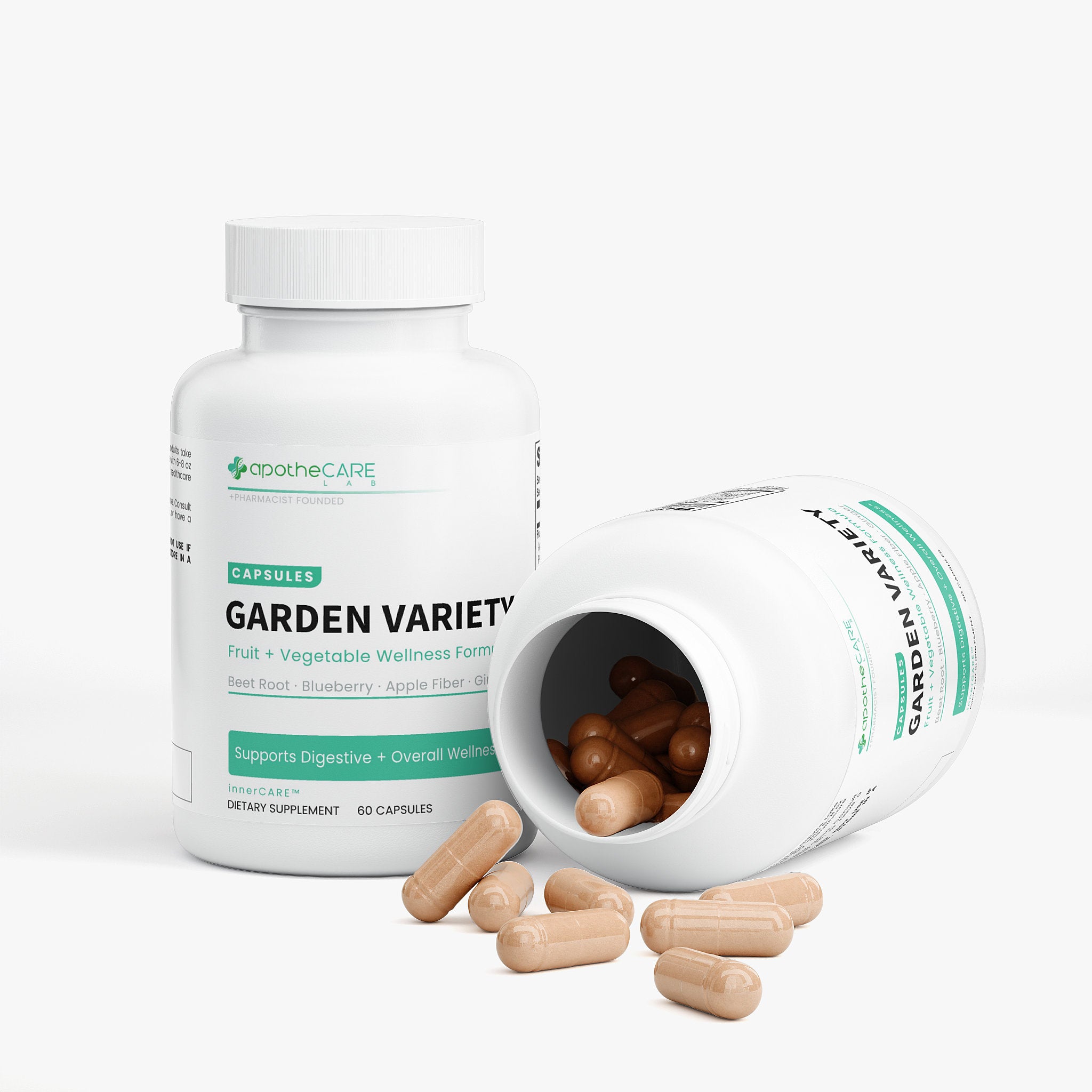 ApotheCARE Garden Variety dietary supplement bottle with open cap showing capsules on a white background