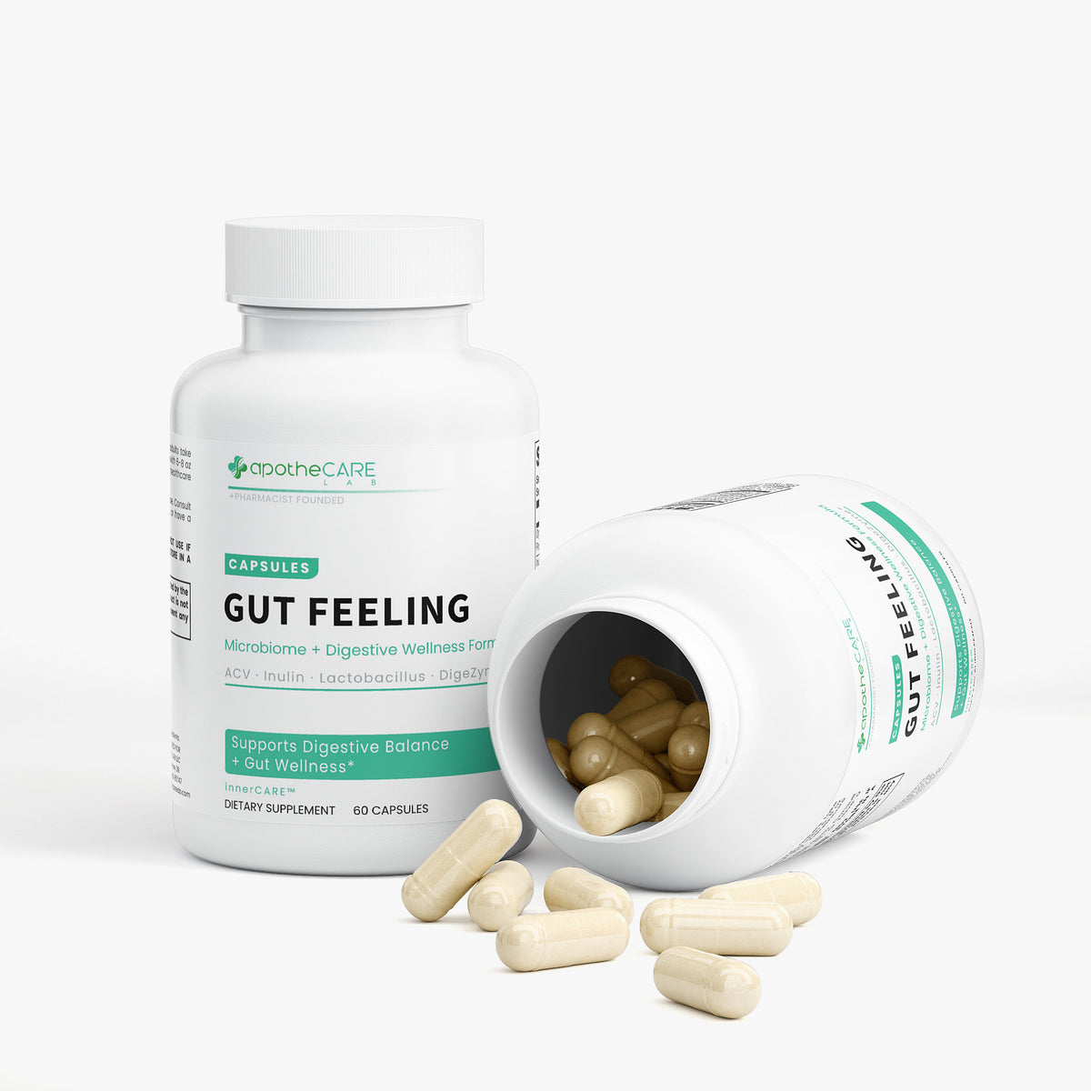 ApotheCARE Gut Feeling dietary supplement bottle with open cap showing capsules on a white background