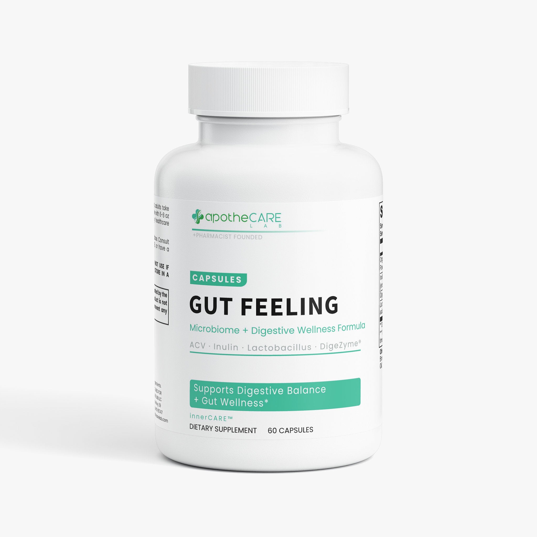 ApotheCare Gut Feeling supplement bottle on a white background