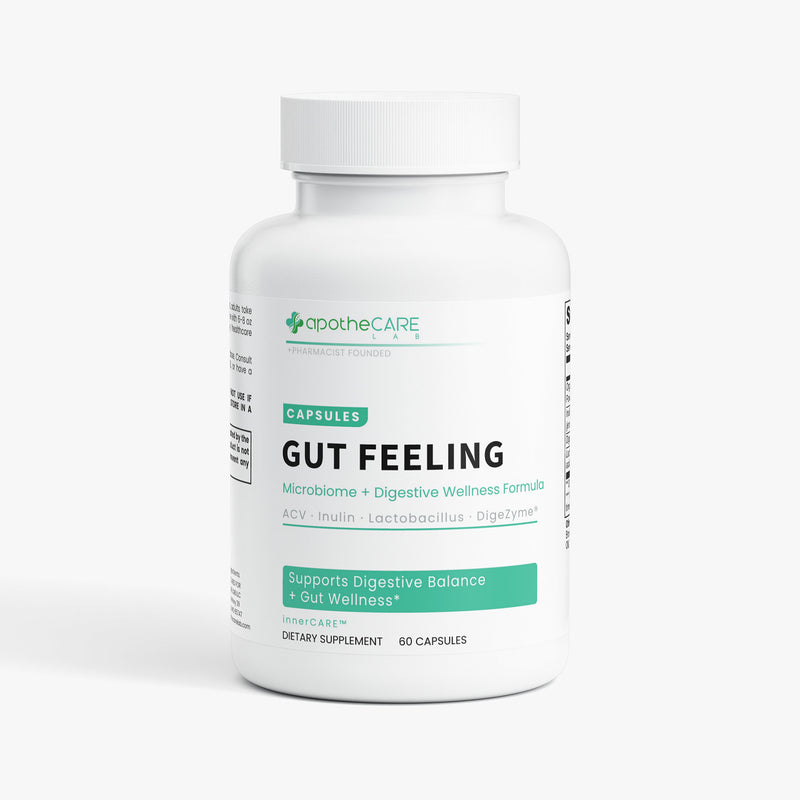 ApotheCare Gut Feeling supplement bottle on a white background