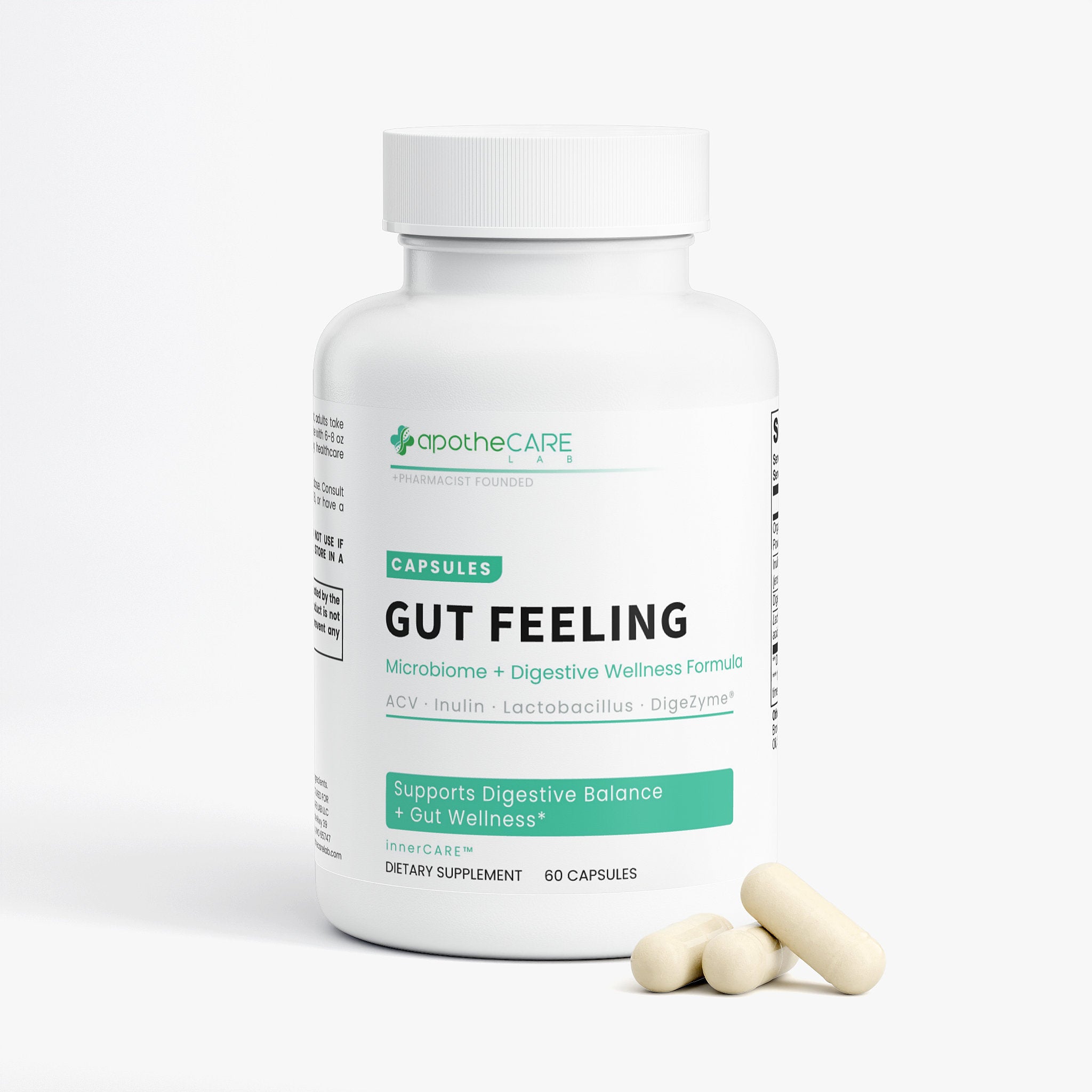 Apothecare Gut Feeling supplement bottle with capsules on a white background