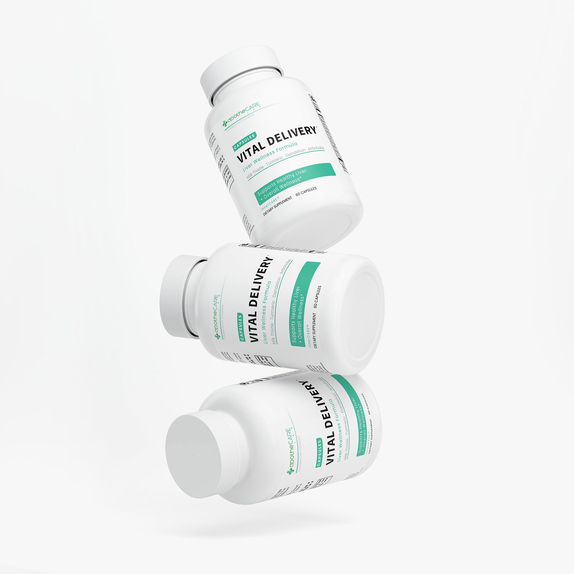 Three Vital Delivery supplement bottles stacked on a white background