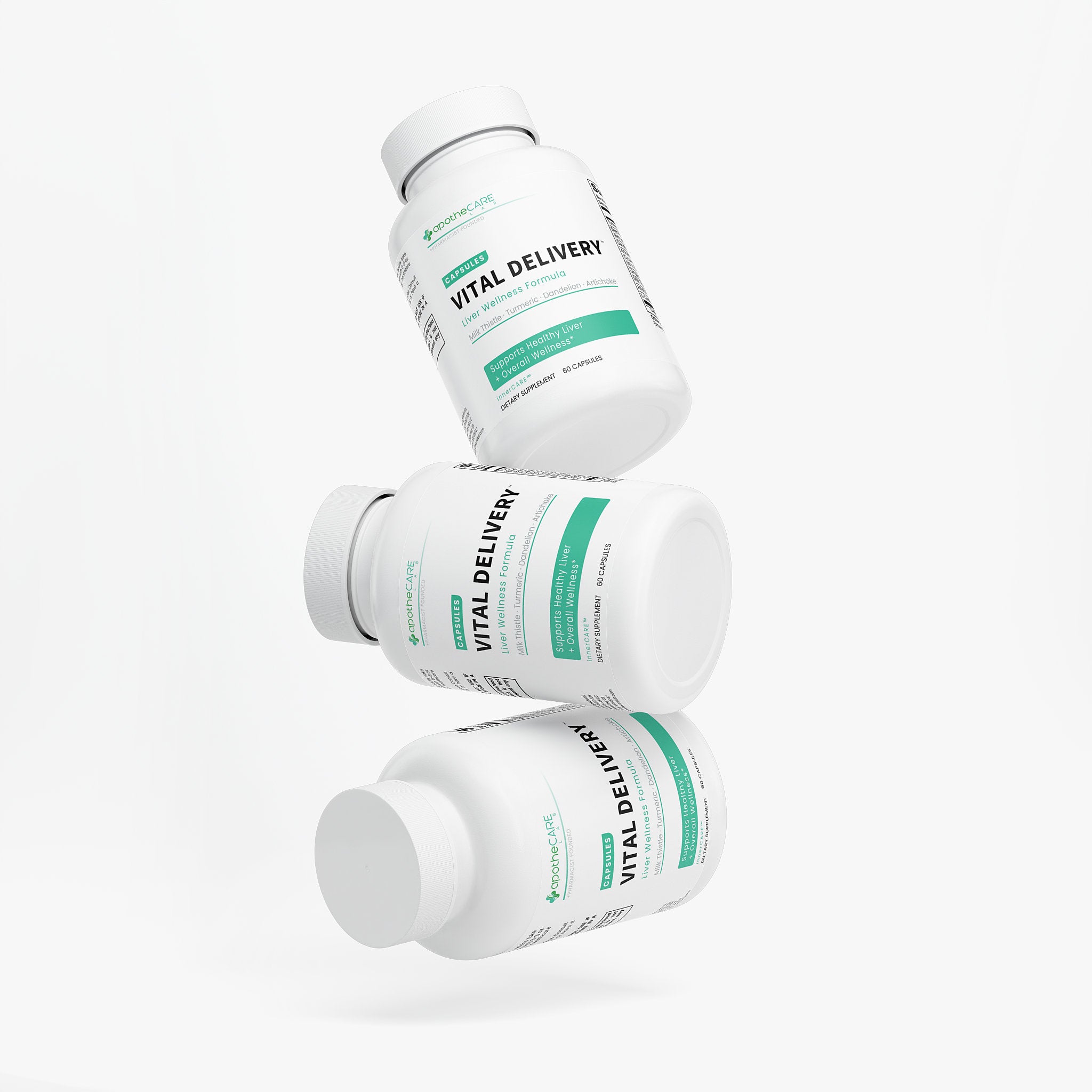 Three Vital Delivery supplement bottles stacked on a white background