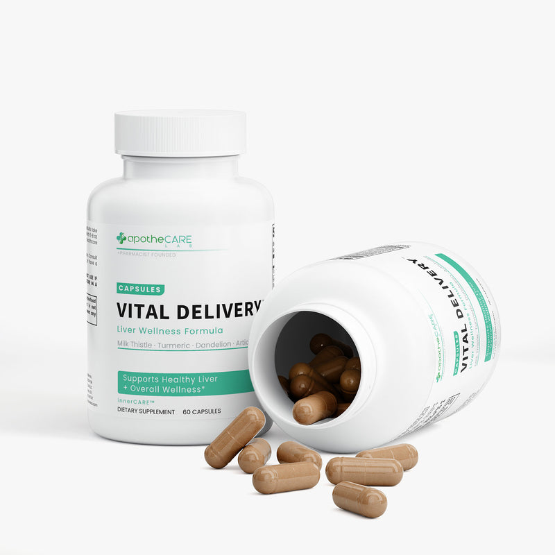 ApotheCare Vital Delivery supplement bottle with open cap showing capsules on a white background