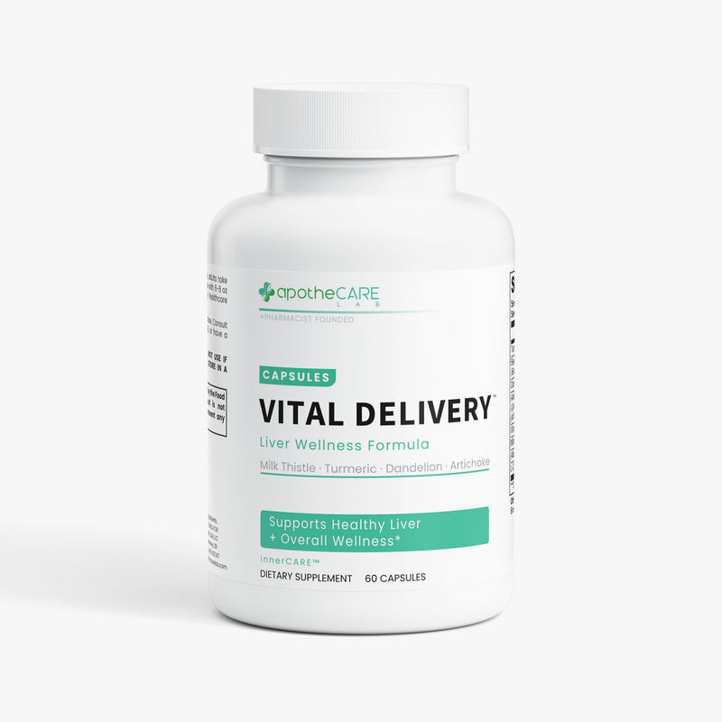 Supplement bottle labeled 'Vital Delivery' by ApotheCare on a white background