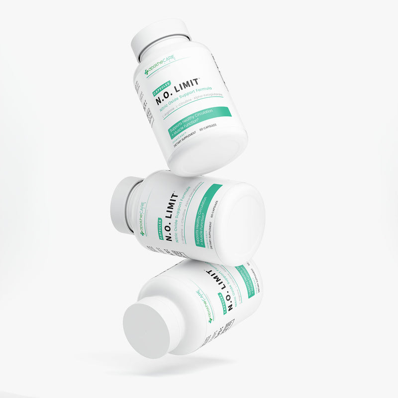 Three N.O. LIMIT supplement bottles stacked on a white background