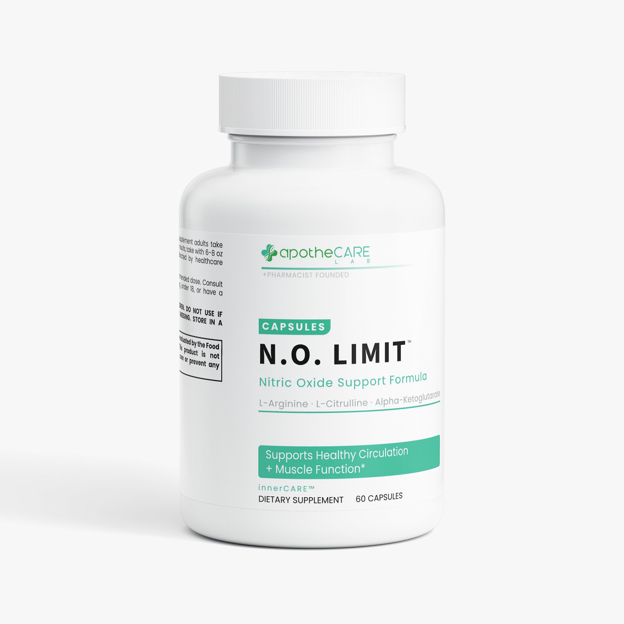 Supplement bottle labeled 'N.O. Limit' by apotheCARE on a white background