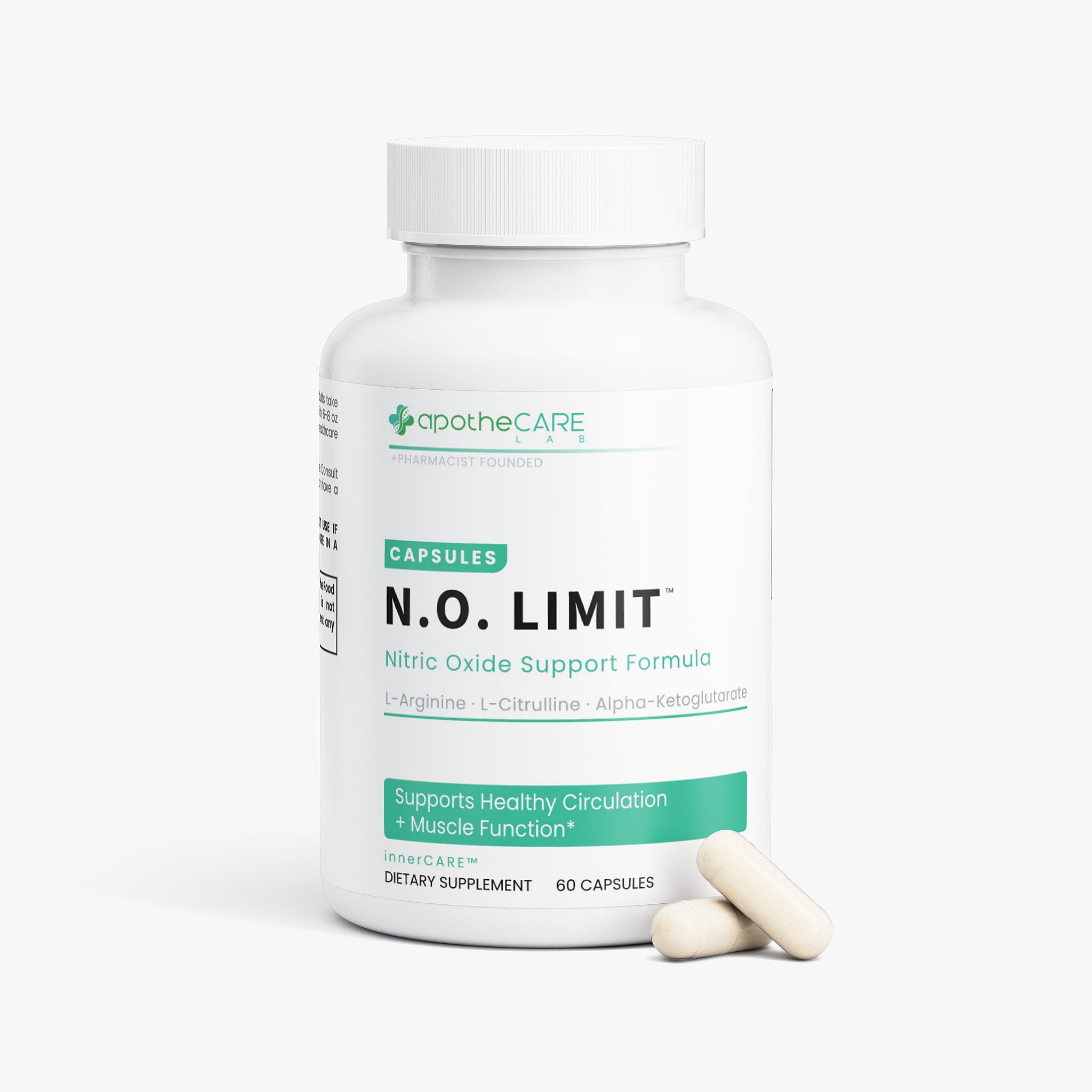 ApotheCARE N.O. Limit supplement bottle with capsules on a white background