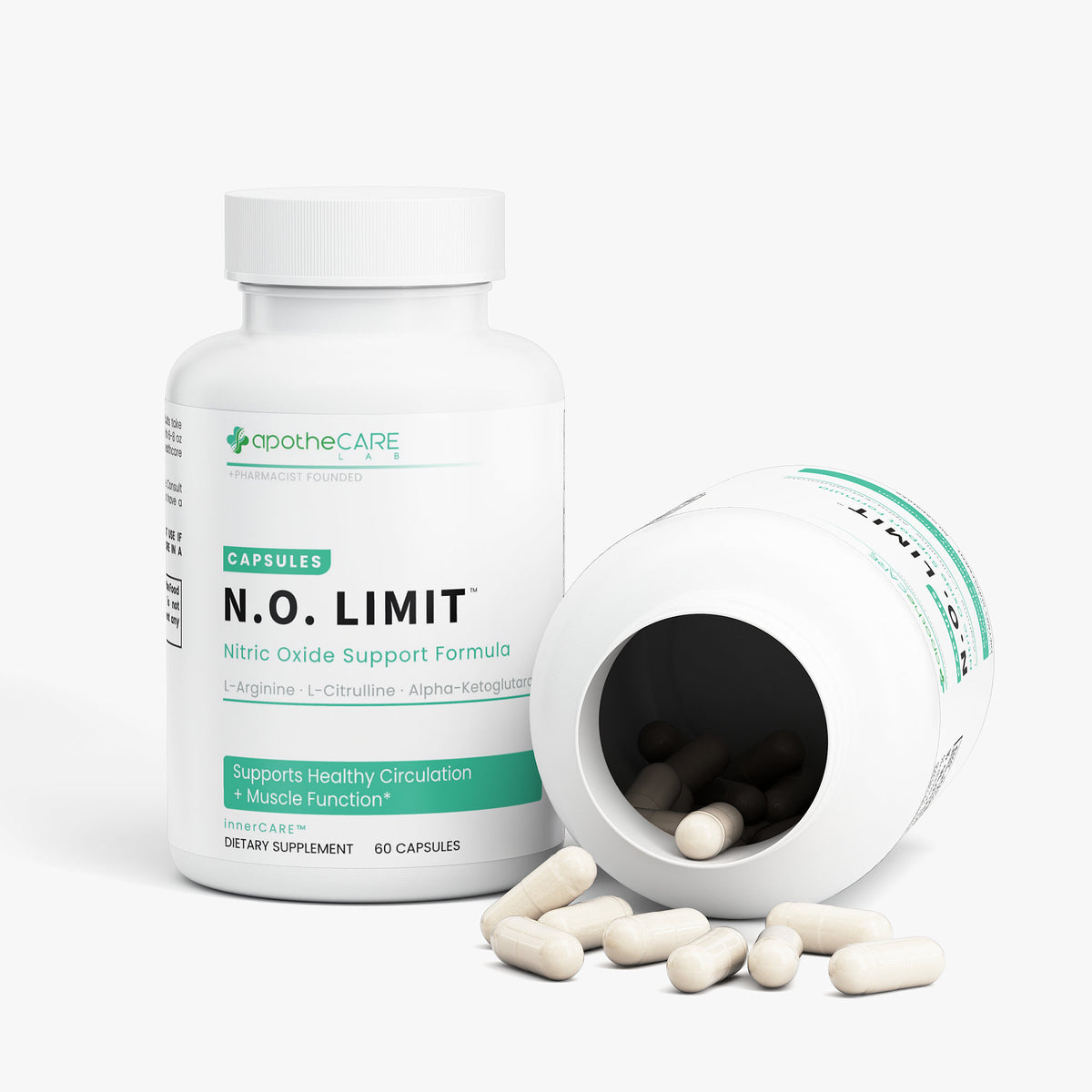  apotheCARE N.O. LIMIT supplement bottle with open cap showing capsules on a white background