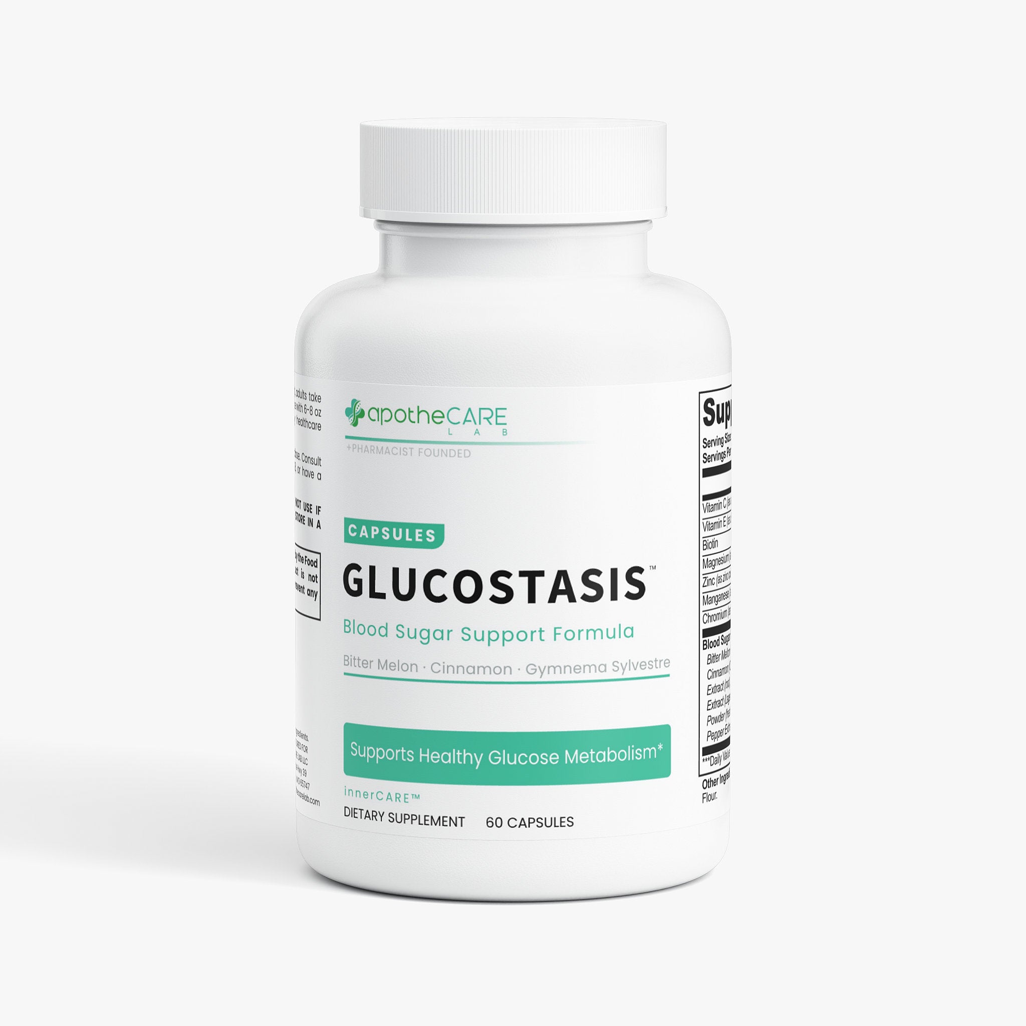Supplement bottle labeled 'Glucostasis' on a white background