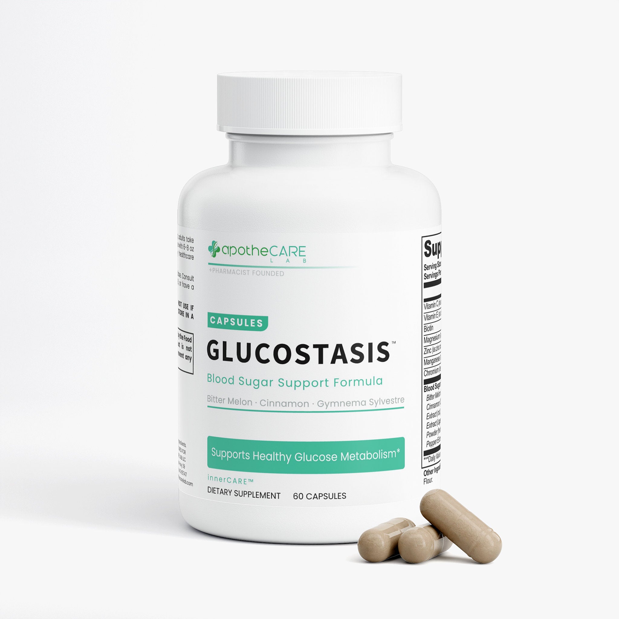 Supplement bottle labeled 'Glucostasis' with capsules on a white background
