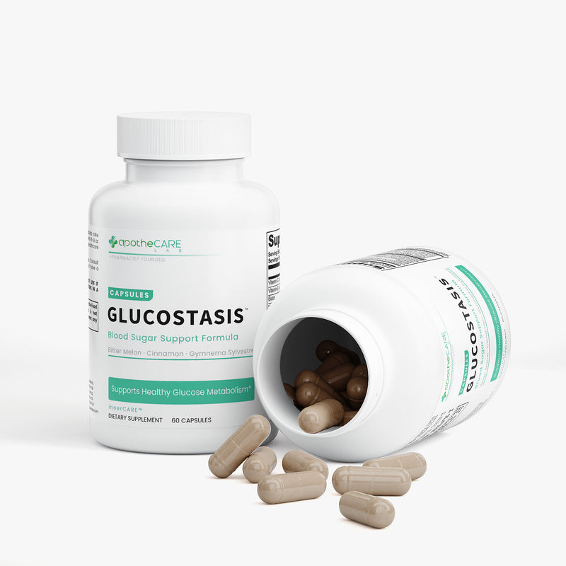 Glucostasis supplement bottle with open cap showing capsules on a white background