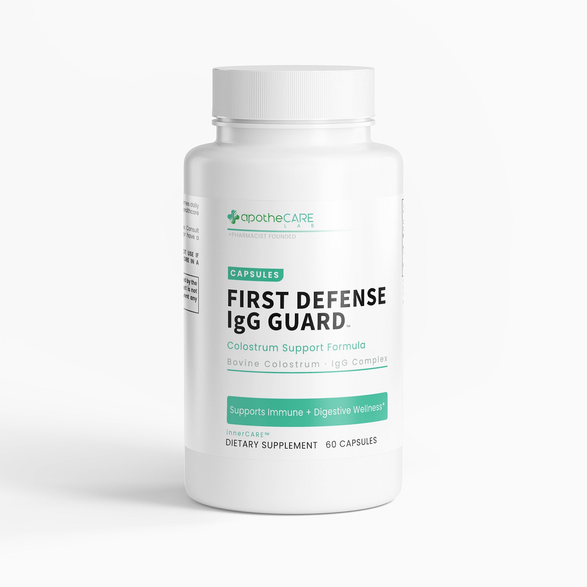 Supplement bottle labeled 'First Defense IgG Guard' by apotheCARE on a white background