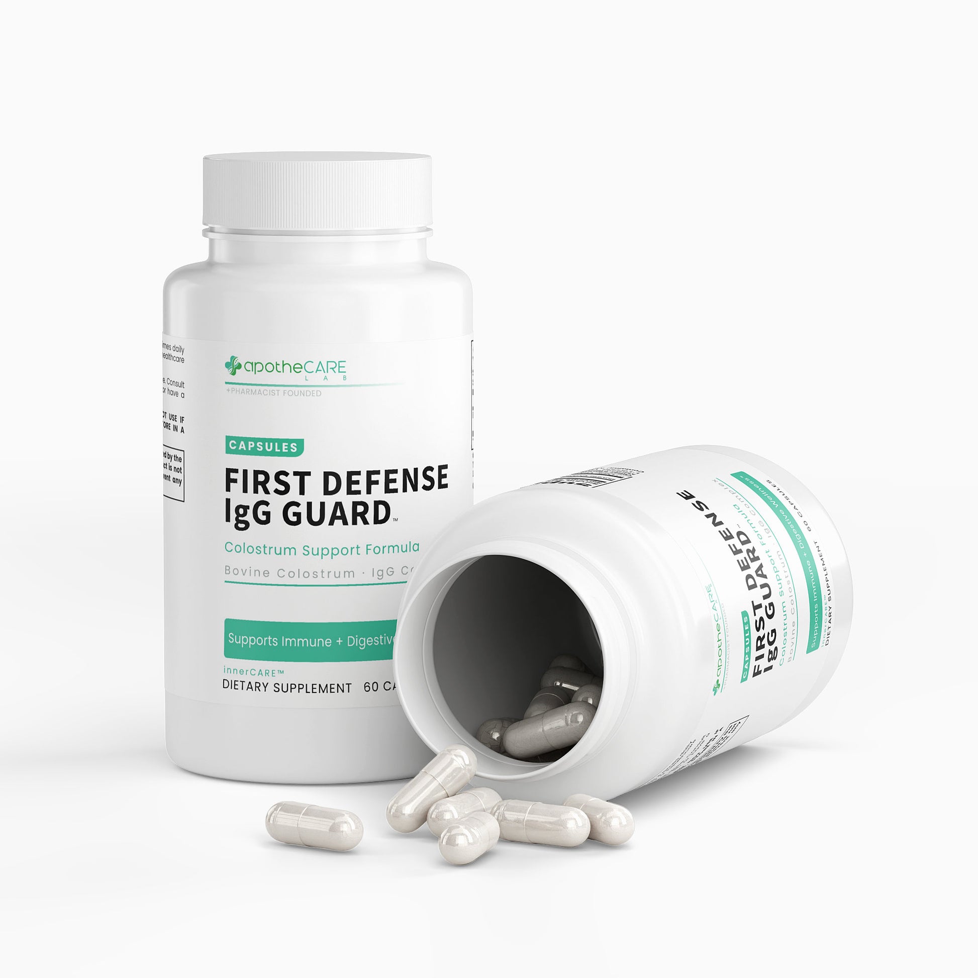 Supplement bottle labeled 'First Defense IgG Guard' with capsules on a white background