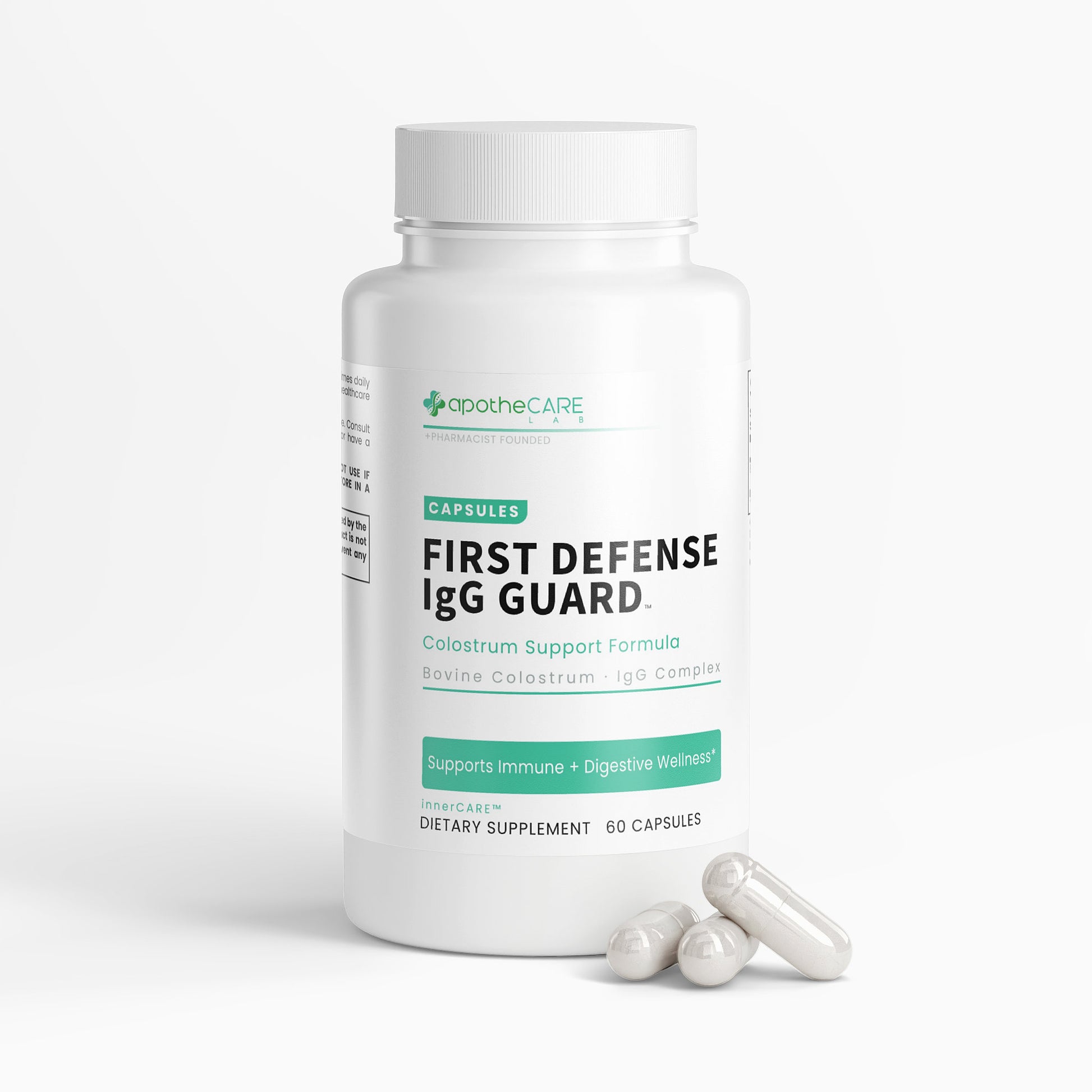Supplement bottle labeled 'First Defense IgG Guard' by apothecare on a white background