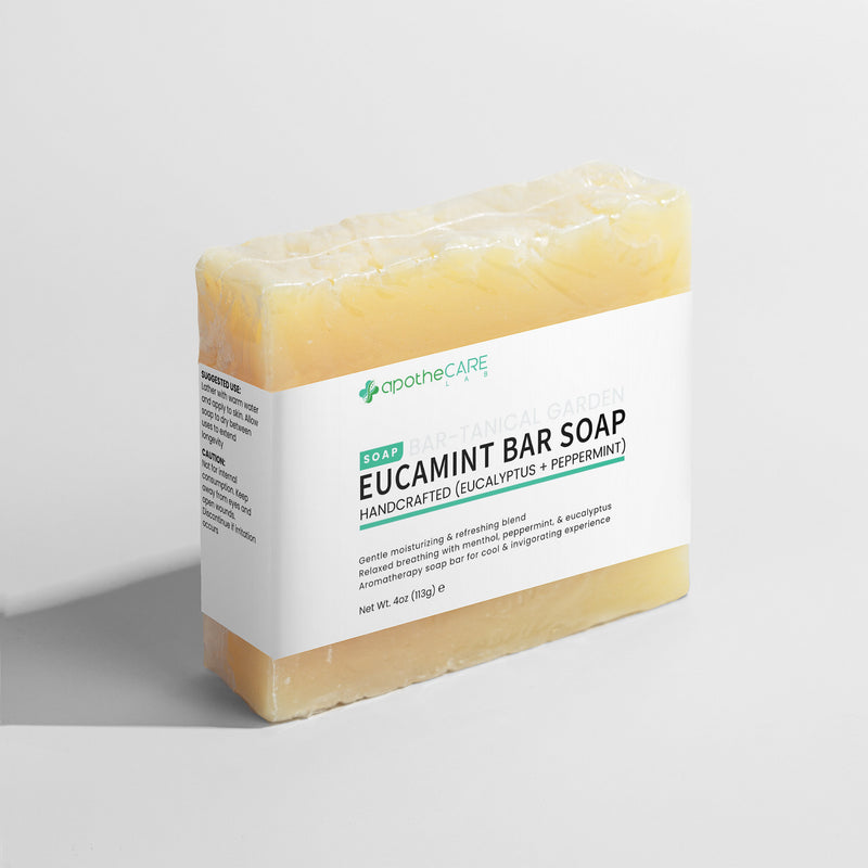 Eucamint bar soap with a white label on a light gray background