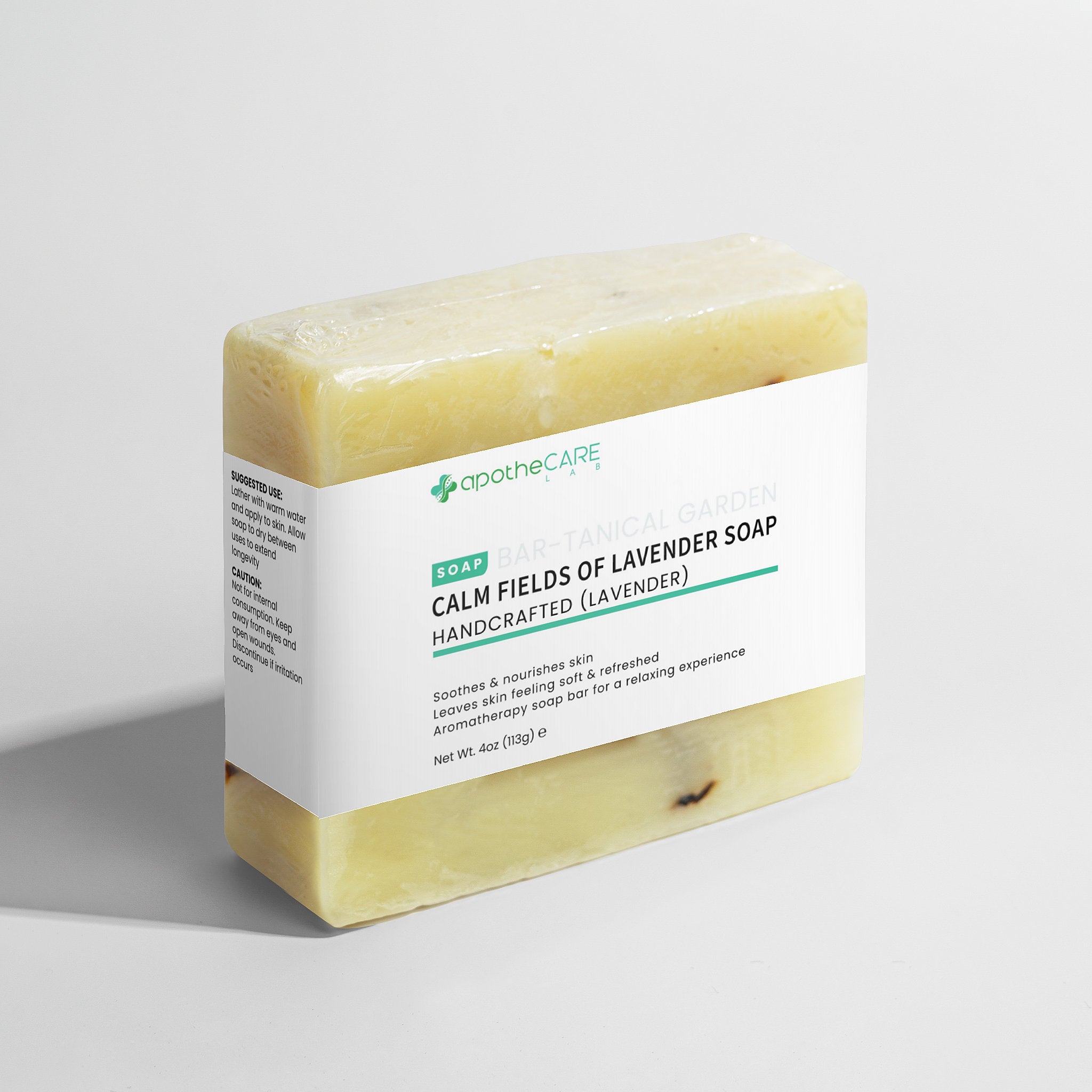 A apotheCARE soap bar with a label on a light gray background