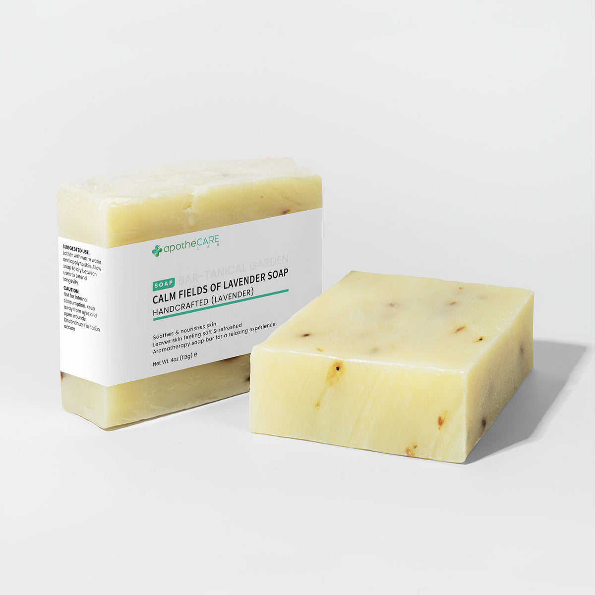 Calming lavender soap with packaging on a white background