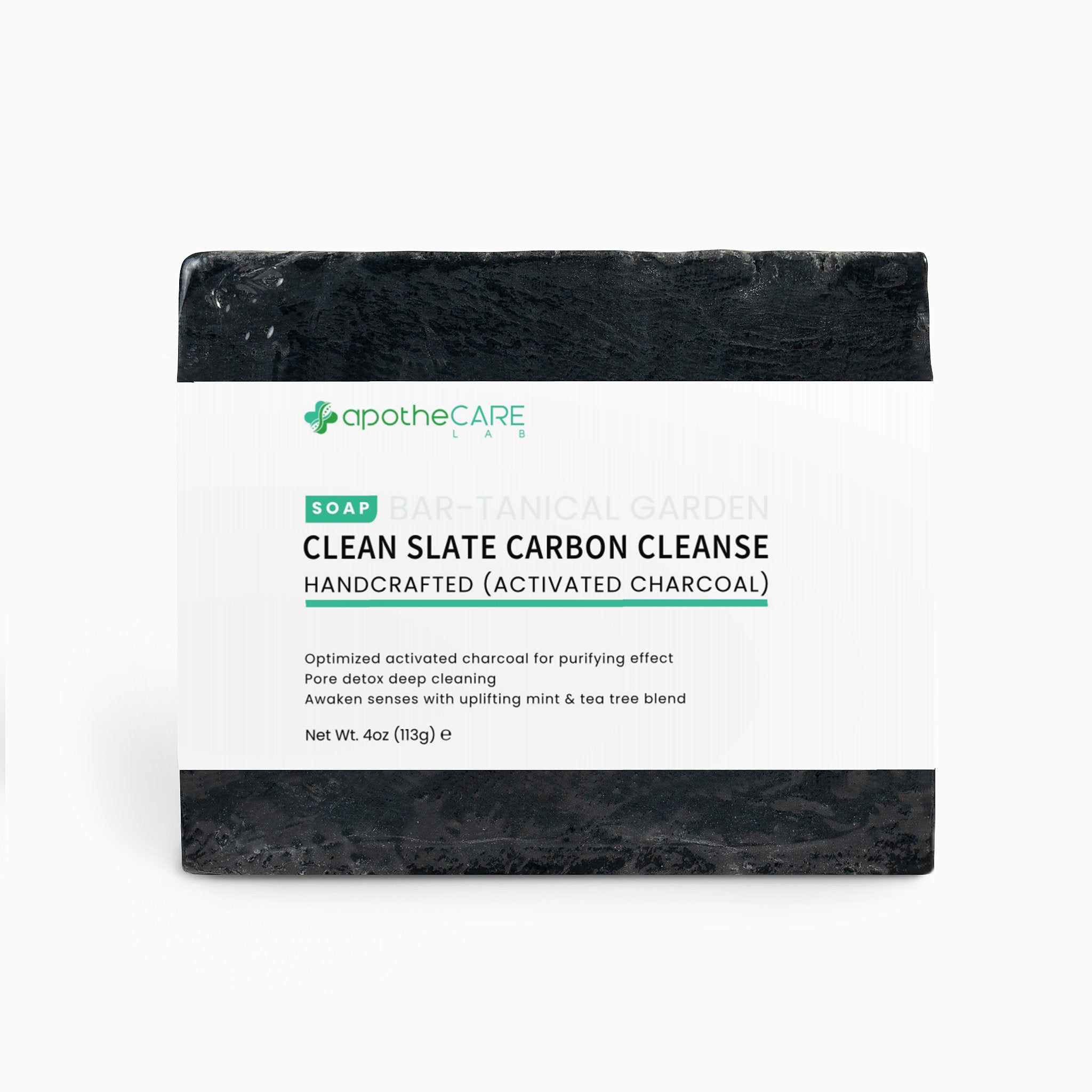 Black soap bar with 'apothecare' branding on a white background