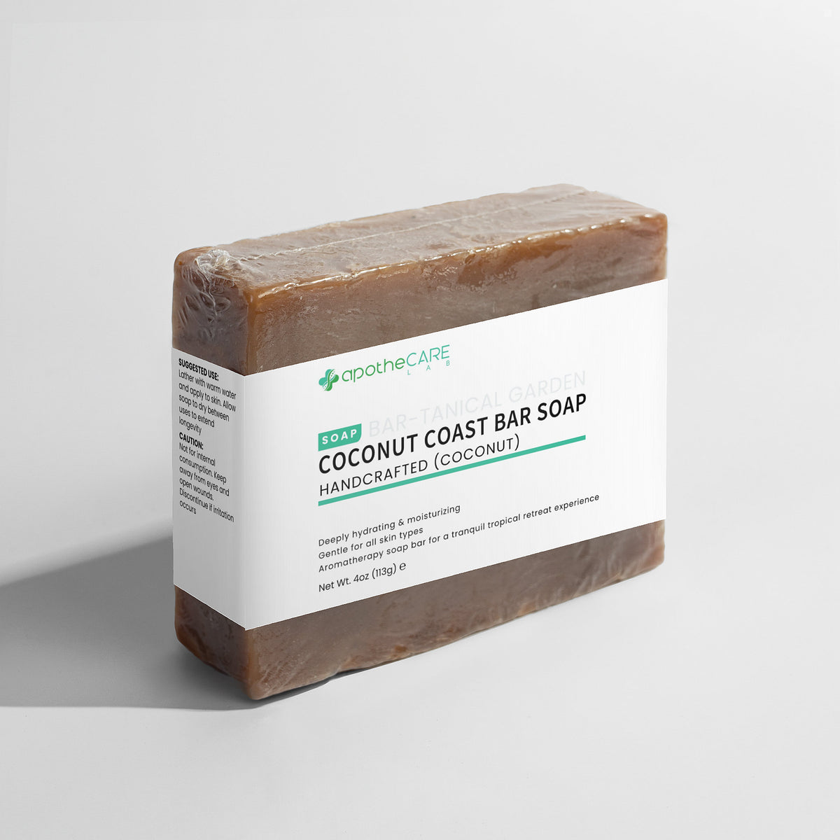 Coconut Coast Bar Soap with apotheCARE branding on a light gray background